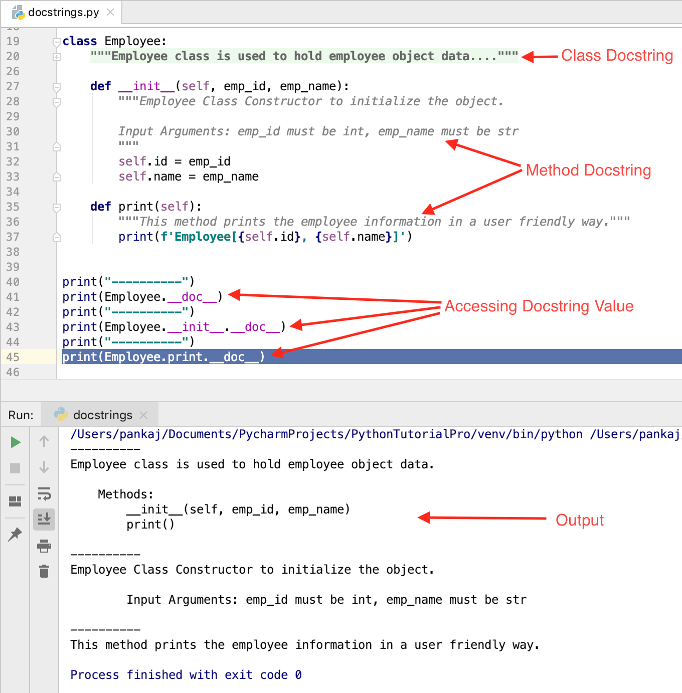 Python 类方法文档字符串注释示例